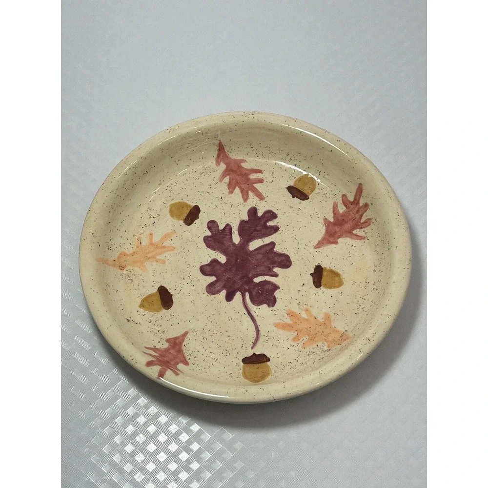 Handmade And Painted Leaves‎ And Acorns Pottery Dish Plate